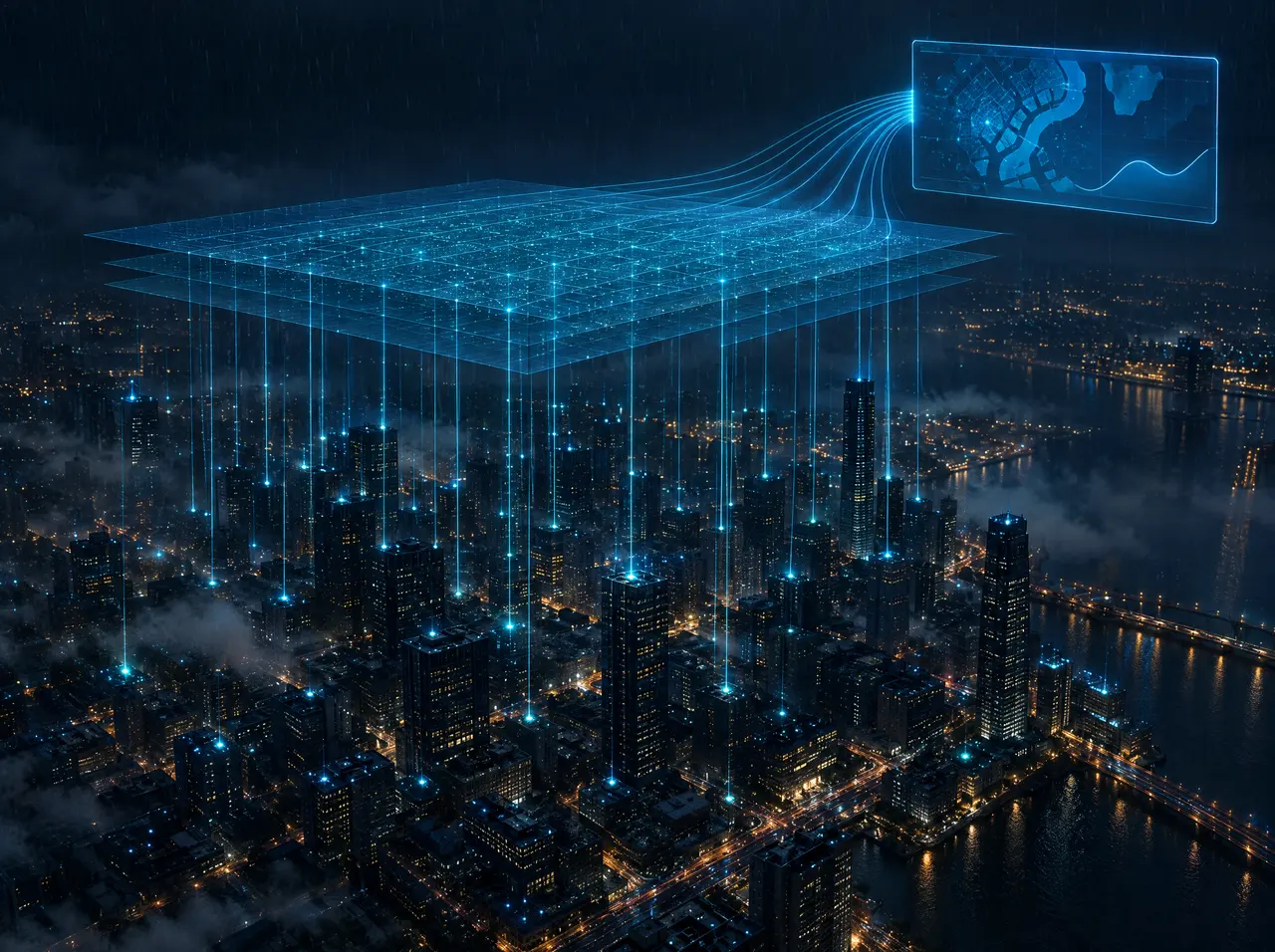 Concept image of data from glowing observation points across a rainy night city rising through an analysis layer into a monitoring screen