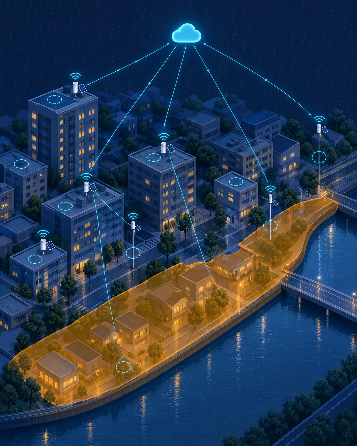 Isometric illustration of network planning: a flood-prone low area, candidate sites, and rain gauges on rooftops and poles linked to the cloud